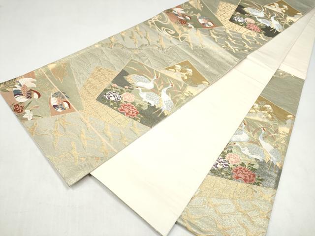 平和屋本店▼六通柄袋帯　唐織　色紙重ね草花鶴文　本金箔　正絹　逸品　CABL4834hy