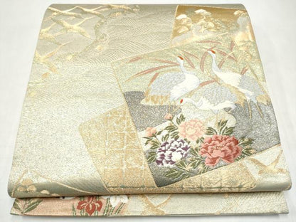 平和屋本店▼六通柄袋帯　唐織　色紙重ね草花鶴文　本金箔　正絹　逸品　CABL4834hy
