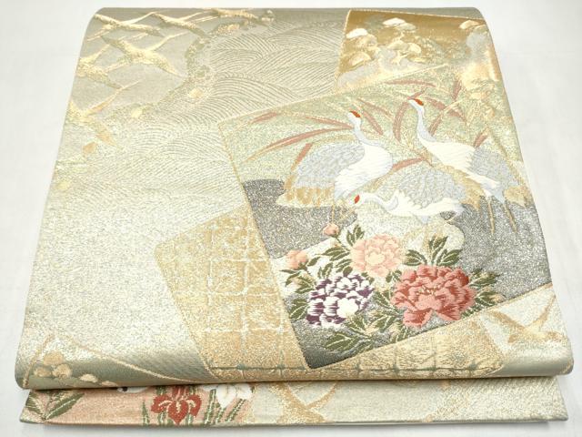 平和屋本店▼六通柄袋帯　唐織　色紙重ね草花鶴文　本金箔　正絹　逸品　CABL4834hy
