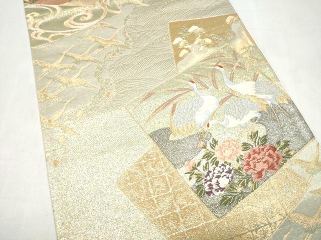 平和屋本店▼六通柄袋帯　唐織　色紙重ね草花鶴文　本金箔　正絹　逸品　CABL4834hy