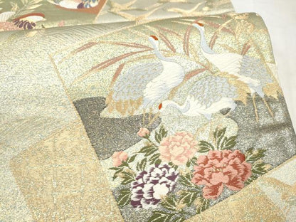 平和屋本店▼六通柄袋帯　唐織　色紙重ね草花鶴文　本金箔　正絹　逸品　CABL4834hy