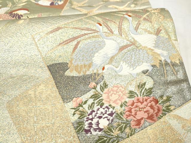 平和屋本店▼六通柄袋帯　唐織　色紙重ね草花鶴文　本金箔　正絹　逸品　CABL4834hy