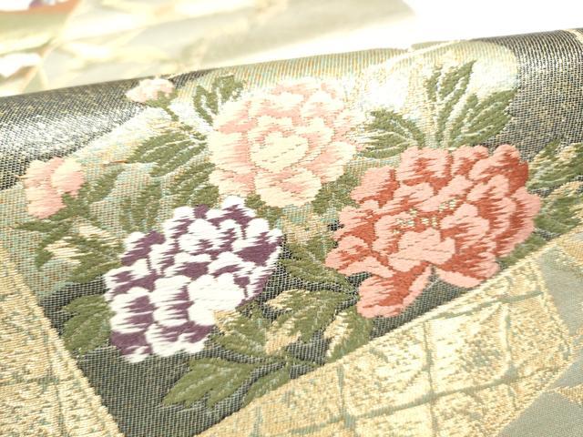 平和屋本店▼六通柄袋帯　唐織　色紙重ね草花鶴文　本金箔　正絹　逸品　CABL4834hy