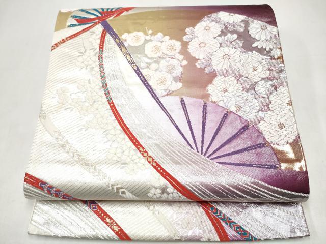 平和屋本店▼六通柄袋帯　唐織　エレガンス　扇面花文　純金箔24K　正絹　逸品　CABL4838hy