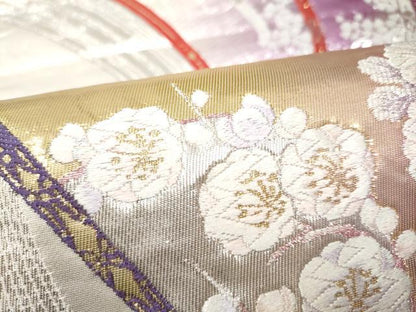 平和屋本店▼六通柄袋帯　唐織　エレガンス　扇面花文　純金箔24K　正絹　逸品　CABL4838hy