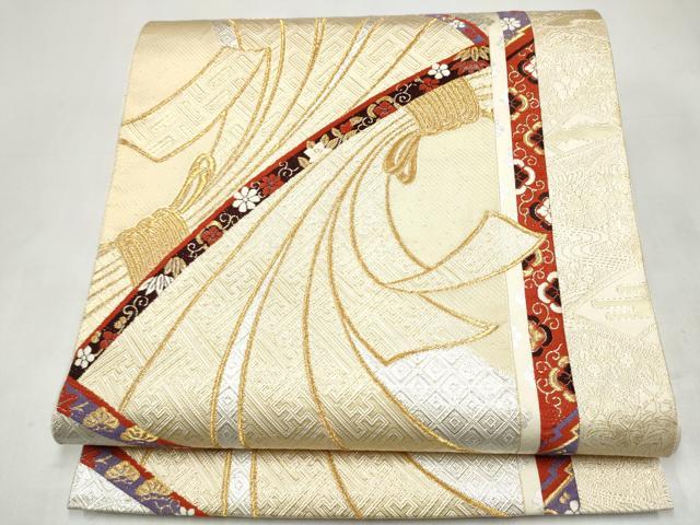 平和屋本店▼六通柄袋帯　束ね熨斗　花文　本金箔　正絹　逸品　CABL4842hy