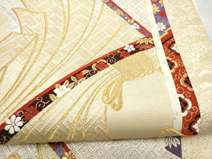 平和屋本店▼六通柄袋帯　束ね熨斗　花文　本金箔　正絹　逸品　CABL4842hy