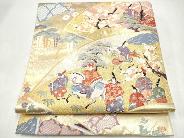 平和屋本店▼六通柄袋帯　唐織　地紙人物風景文　本金箔　正絹　逸品　CABL4843hy