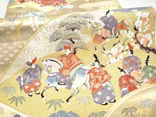 平和屋本店▼六通柄袋帯　唐織　地紙人物風景文　本金箔　正絹　逸品　CABL4843hy