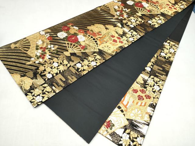 平和屋本店▼六通柄袋帯　唐織　扇面御所車花文　黒地　本金箔　正絹　逸品　CABL4844hy