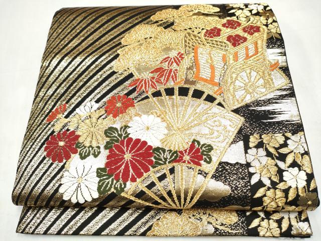 平和屋本店▼六通柄袋帯　唐織　扇面御所車花文　黒地　本金箔　正絹　逸品　CABL4844hy