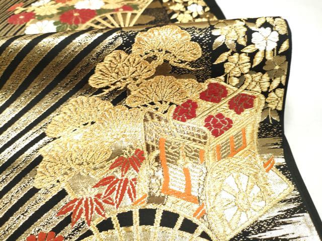 平和屋本店▼六通柄袋帯　唐織　扇面御所車花文　黒地　本金箔　正絹　逸品　CABL4844hy
