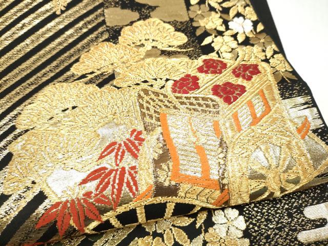 平和屋本店▼六通柄袋帯　唐織　扇面御所車花文　黒地　本金箔　正絹　逸品　CABL4844hy