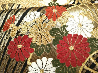 平和屋本店▼六通柄袋帯　唐織　扇面御所車花文　黒地　本金箔　正絹　逸品　CABL4844hy