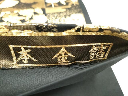平和屋本店▼六通柄袋帯　唐織　扇面御所車花文　黒地　本金箔　正絹　逸品　CABL4844hy