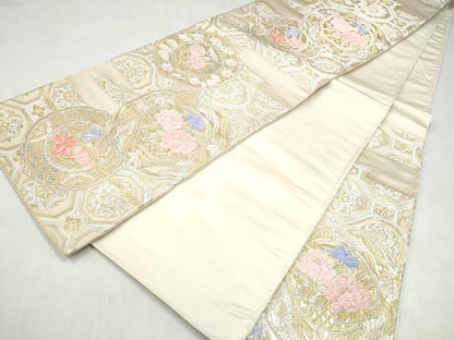 平和屋本店▼六通柄袋帯　絵皿花文　本金箔24K　正絹　逸品　CABL4852hy