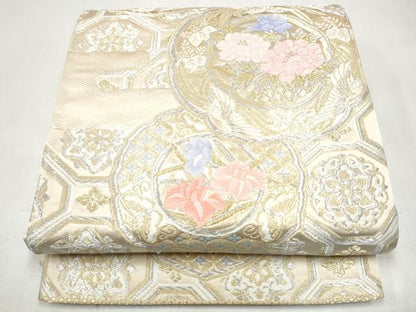 平和屋本店▼六通柄袋帯　絵皿花文　本金箔24K　正絹　逸品　CABL4852hy
