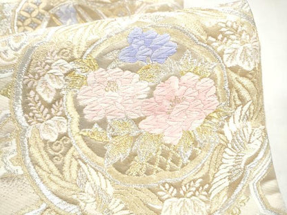 平和屋本店▼六通柄袋帯　絵皿花文　本金箔24K　正絹　逸品　CABL4852hy