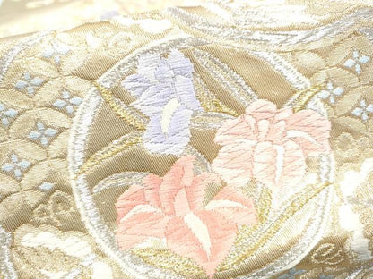 平和屋本店▼六通柄袋帯　絵皿花文　本金箔24K　正絹　逸品　CABL4852hy