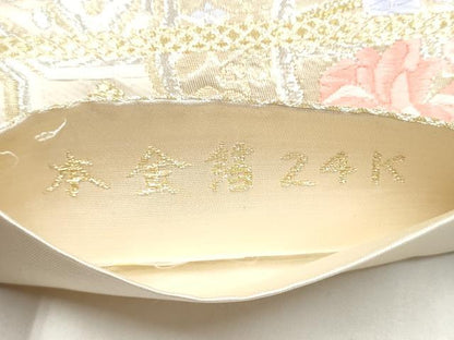 平和屋本店▼六通柄袋帯　絵皿花文　本金箔24K　正絹　逸品　CABL4852hy