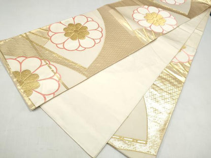 平和屋本店▼六通柄袋帯　唐織　扇面舞花文　本金箔24K　正絹　逸品　CABL4856hy
