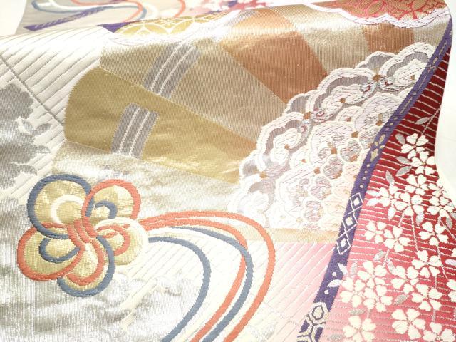 平和屋本店▼六通柄袋帯　唐織　シルエット　檜扇花文　純金箔24K　正絹　逸品　CABL4858hy