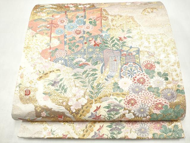 平和屋本店▼六通柄袋帯　薫舞桧扇文　本金箔　正絹　逸品　CABL4860hy