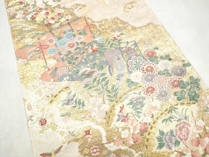 平和屋本店▼六通柄袋帯　薫舞桧扇文　本金箔　正絹　逸品　CABL4860hy