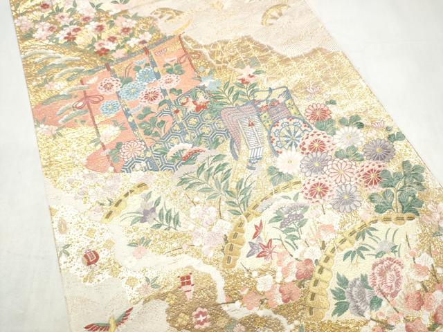 平和屋本店▼六通柄袋帯　薫舞桧扇文　本金箔　正絹　逸品　CABL4860hy