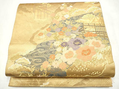 平和屋本店▼六通柄袋帯　風景草花文　純金二重箔　正絹　逸品　CABL4861hy