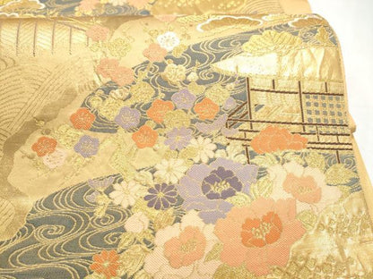 平和屋本店▼六通柄袋帯　風景草花文　純金二重箔　正絹　逸品　CABL4861hy