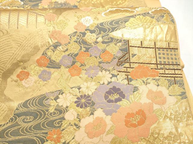 平和屋本店▼六通柄袋帯　風景草花文　純金二重箔　正絹　逸品　CABL4861hy