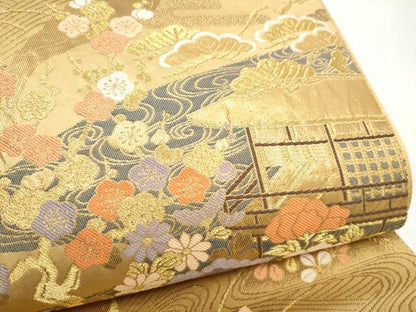 平和屋本店▼六通柄袋帯　風景草花文　純金二重箔　正絹　逸品　CABL4861hy