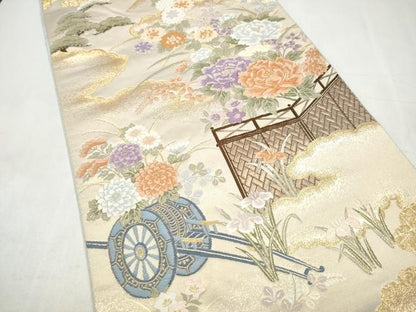 平和屋本店▼六通柄袋帯　唐織　花車文　本金箔　正絹　逸品　CABL4865hy