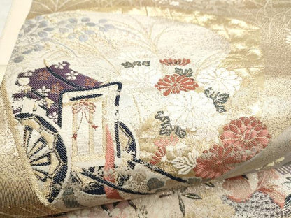 平和屋本店▼六通柄袋帯　御所車花文　純金箔織九百錦　正絹　逸品　CABL4868hy