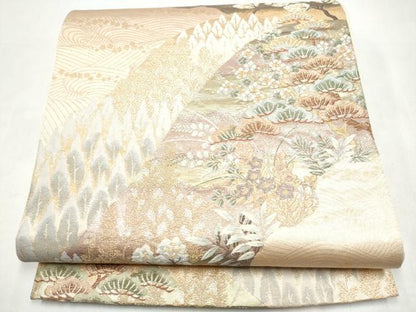 平和屋本店▼六通柄袋帯　九百錦　流水草花文　純金二重箔　正絹　逸品　CABL4872hy