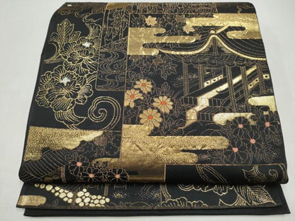 平和屋本店▼六通柄　本袋帯　色紙重ね風景文　黒地　純金箔　24K　正絹　逸品　CABL4873hy
