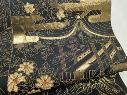 平和屋本店▼六通柄　本袋帯　色紙重ね風景文　黒地　純金箔　24K　正絹　逸品　CABL4873hy