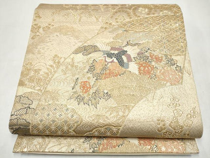 平和屋本店▼六通柄袋帯　地紙飛鶴草花文　本金二重通し箔　正絹　逸品　CABL4880hy
