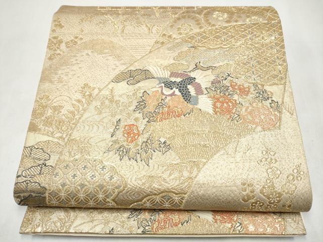 平和屋本店▼六通柄袋帯　地紙飛鶴草花文　本金二重通し箔　正絹　逸品　CABL4880hy