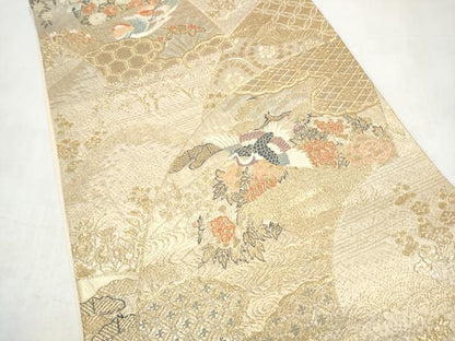 平和屋本店▼六通柄袋帯　地紙飛鶴草花文　本金二重通し箔　正絹　逸品　CABL4880hy