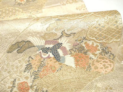 平和屋本店▼六通柄袋帯　地紙飛鶴草花文　本金二重通し箔　正絹　逸品　CABL4880hy