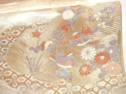 平和屋本店▼六通柄袋帯　唐織　雲重ね鴛鴦花文　本金箔二重織　正絹　逸品　CABL4899hy
