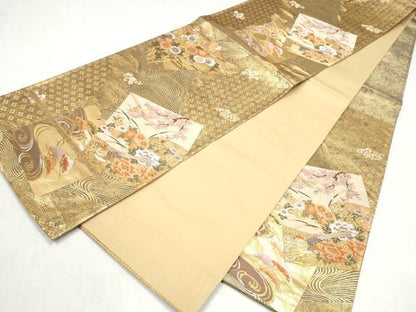平和屋本店▼六通柄袋帯　色紙花鳥文　本金二重箔　正絹　逸品　CABL4914hy