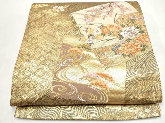 平和屋本店▼六通柄袋帯　色紙花鳥文　本金二重箔　正絹　逸品　CABL4914hy