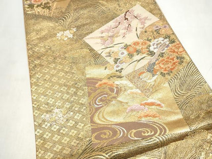 平和屋本店▼六通柄袋帯　色紙花鳥文　本金二重箔　正絹　逸品　CABL4914hy