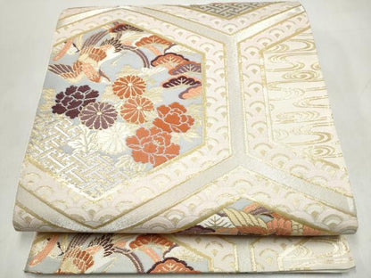 平和屋本店▼六通柄袋帯　亀甲取花鳥　24K本金箔　プラチナ箔　正絹　逸品　CABL4915hy