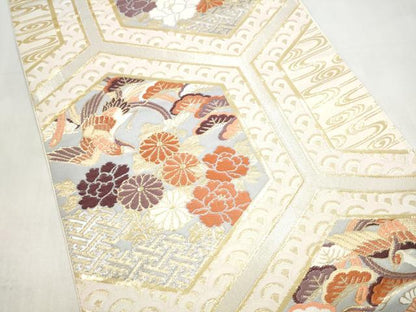 平和屋本店▼六通柄袋帯　亀甲取花鳥　24K本金箔　プラチナ箔　正絹　逸品　CABL4915hy