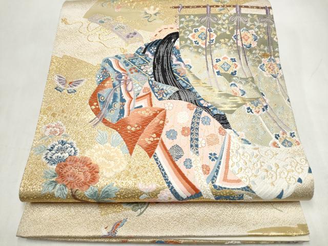 平和屋本店▼六通柄袋帯　九百錦　几帳人物花蝶文　本金箔　正絹　逸品　CABL4925hy