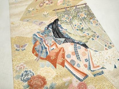 平和屋本店▼六通柄袋帯　九百錦　几帳人物花蝶文　本金箔　正絹　逸品　CABL4925hy